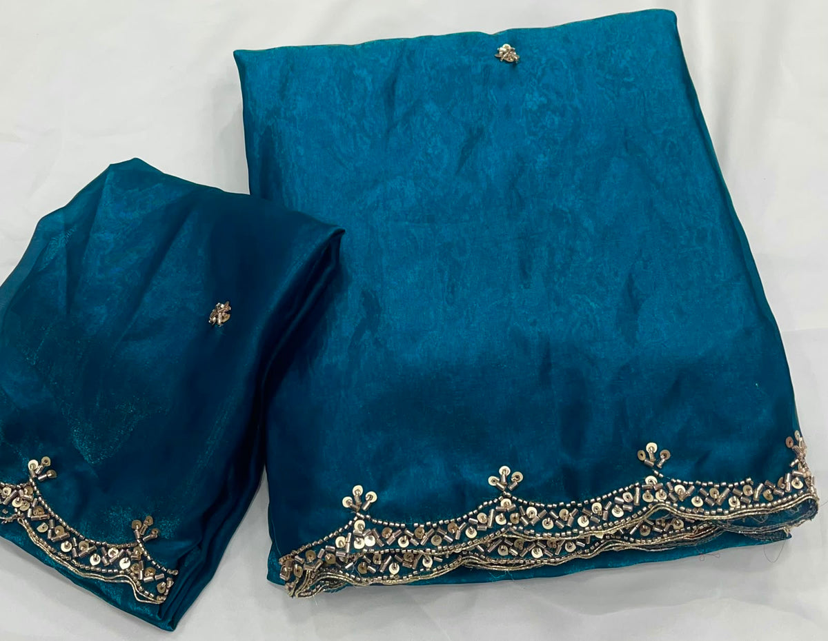 BLUE SPACE SILK SAREE WITH BEADS WORK