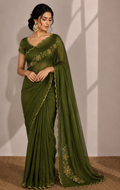 PISTACHIO GREEN RANGOLI CRUSHED SAREE WITH CUTDANA WORK