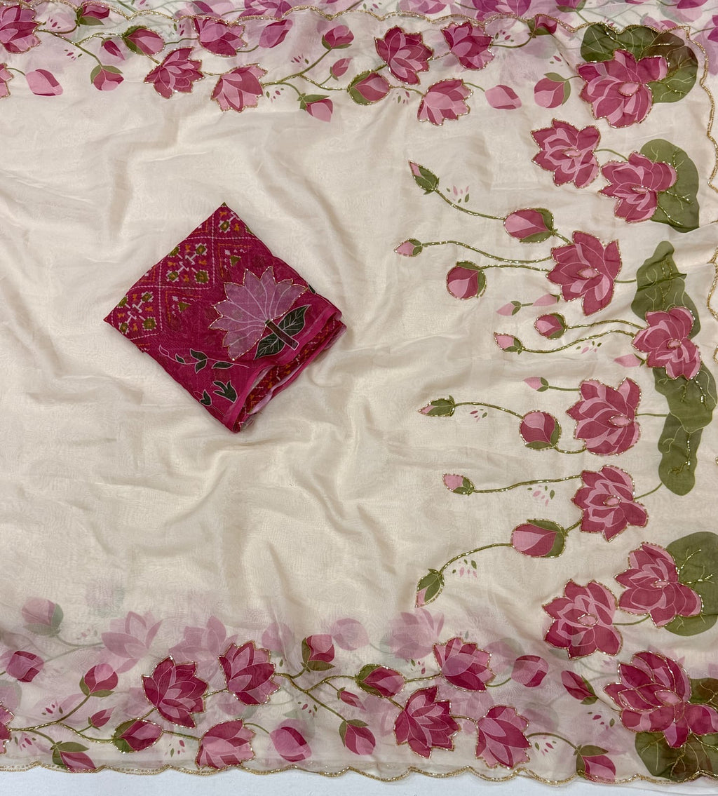 WHITE TEBBY SILK SAREE WITH DIGITAL FLORAL PRINT AND KUTDANA HANDWORK