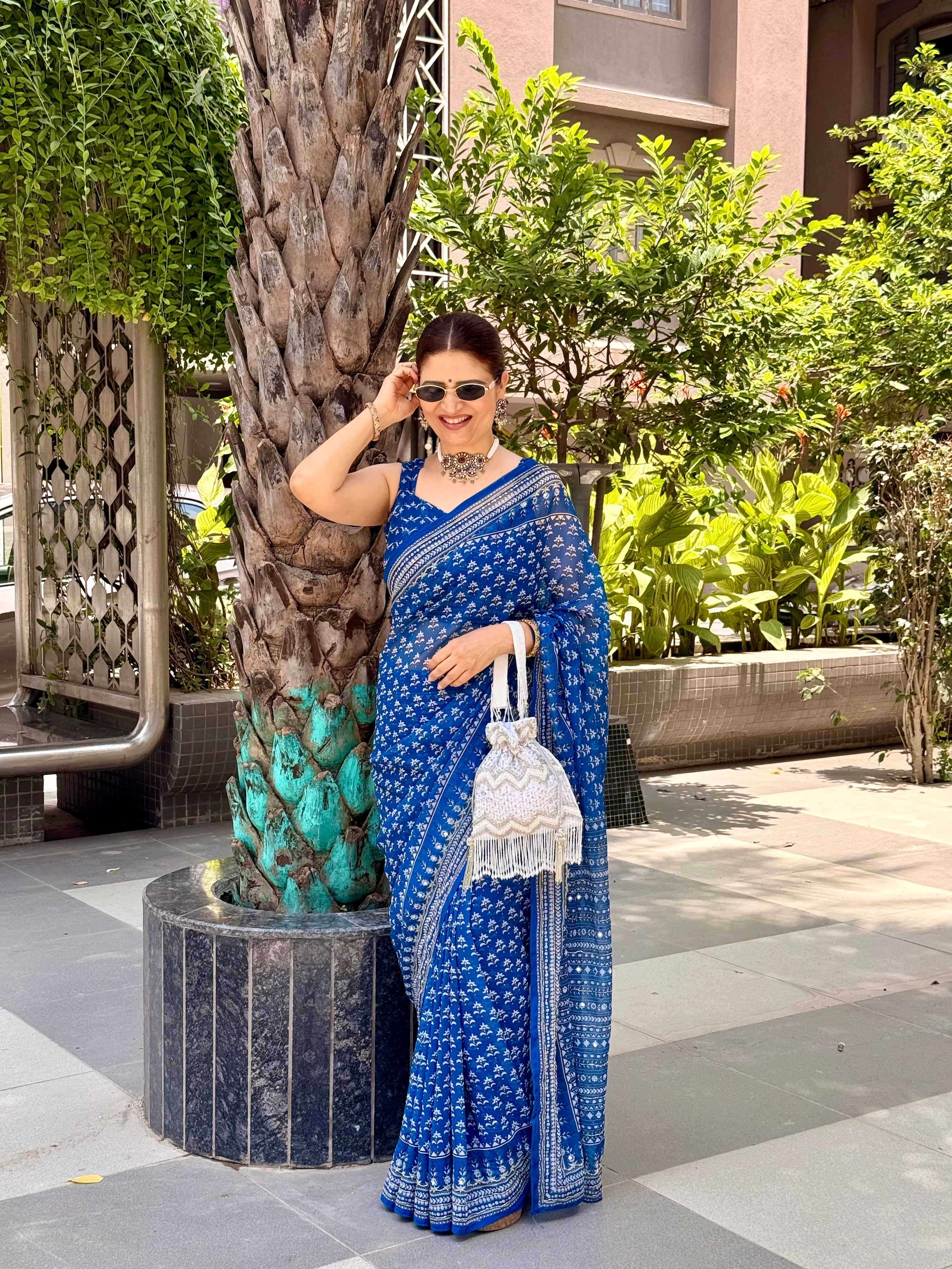 BLUE SOFT FOX GEORGETTE WITH REAL MIRROR AND HAND WORK