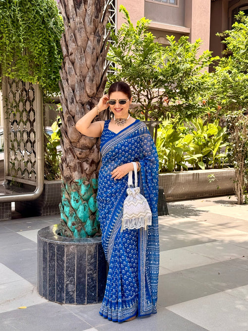 BLUE SOFT FOX GEORGETTE WITH REAL MIRROR AND HAND WORK