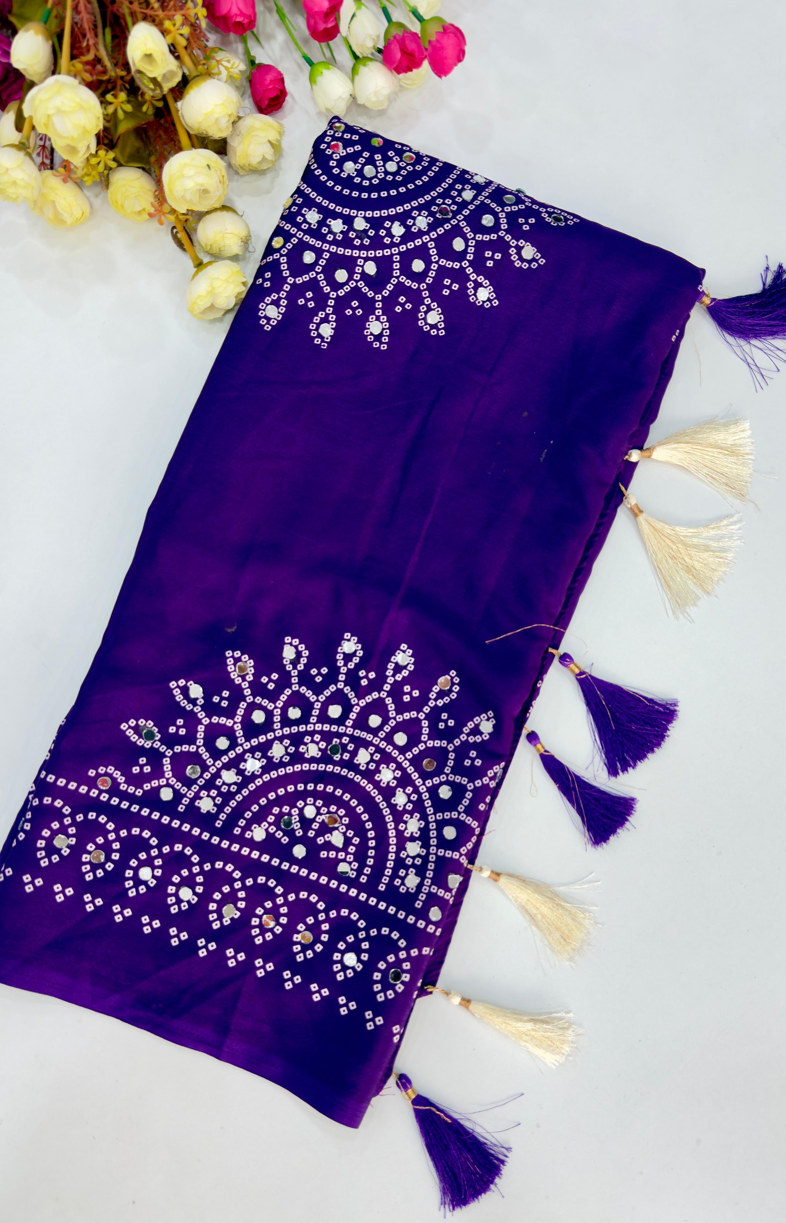 VIOLET AJRAKH BANDHANI PRINT MIRROR WORK SAREE