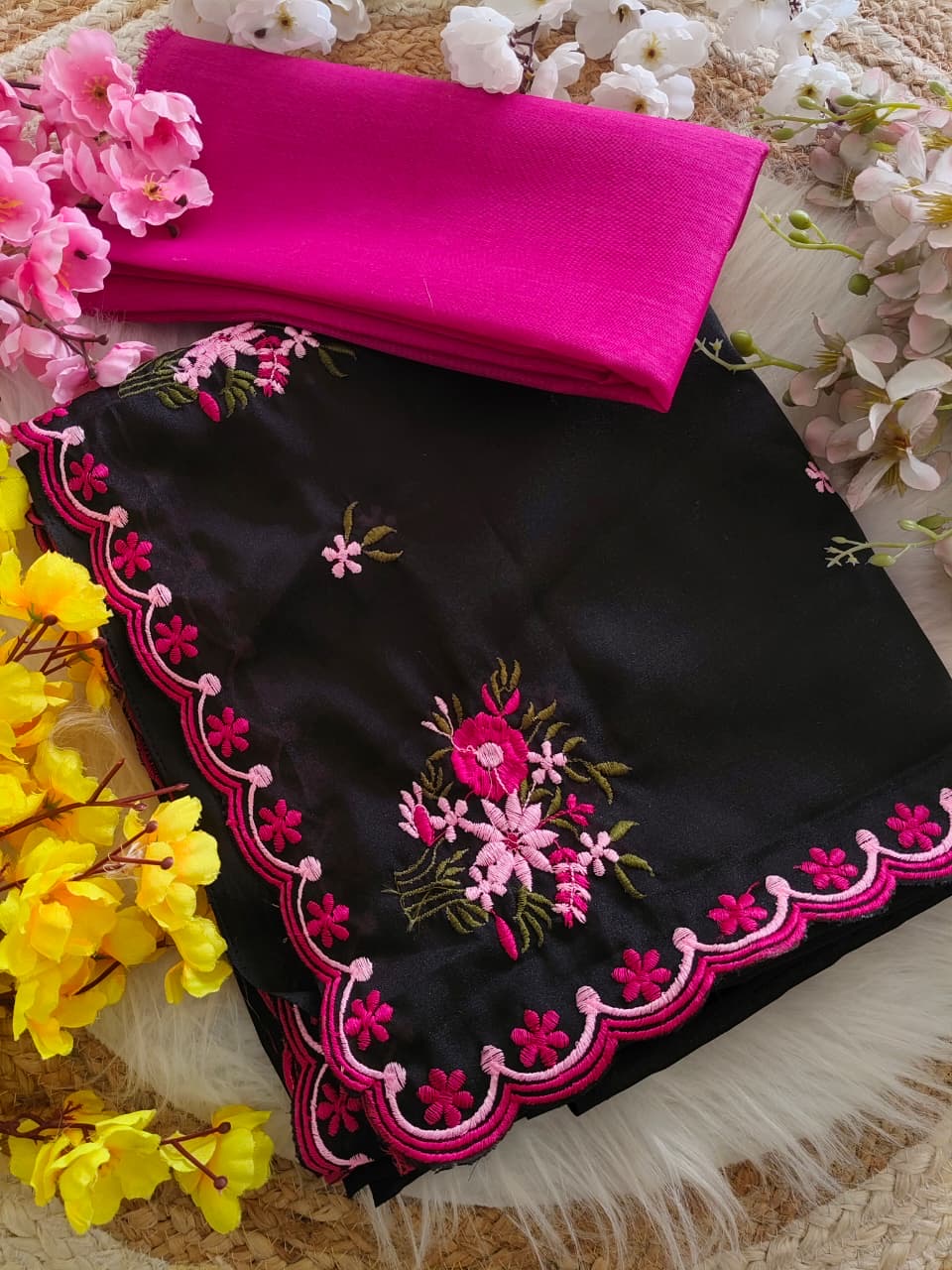 BLACK STAR GEORGETTE MULTI EMBROIDERED WOEK SAREE WITH CONTRAST BLOUSE