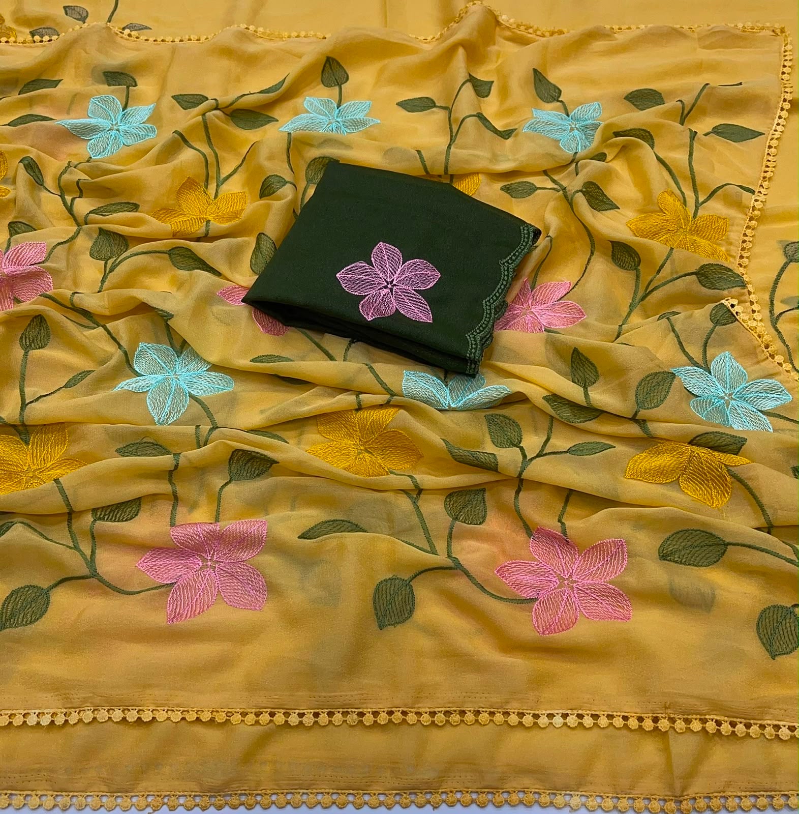 YELLOW STAR GORGETTE SAREE WITH EMBROIDERY WORK