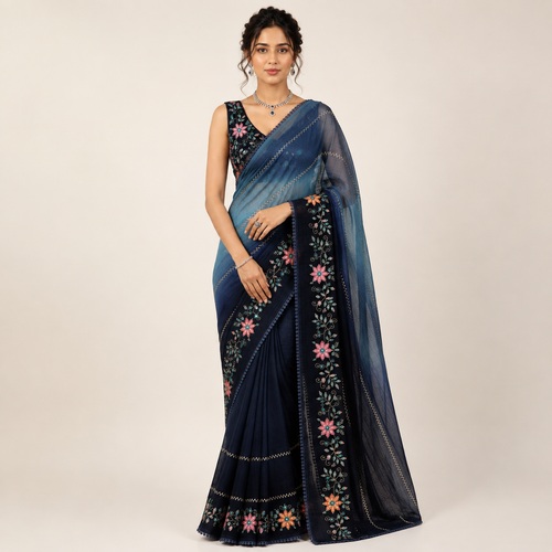 BLUE AND BLACK CRUNCHY PADDING SAREE WITH EMBROIDERY & SEQUENCE CUTDANA WORK