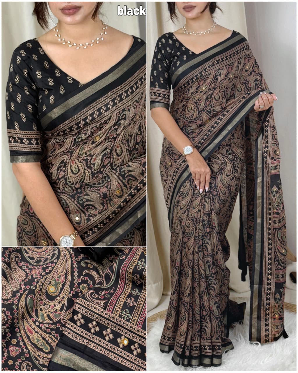 BLACK PURE MUL COTTON ARJRAKH PRINTED SAREE WITH ZARI JACQUARD BORDER