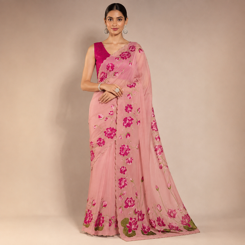 PINK TEBBY SILK SAREE WITH DIGITAL FLORAL PRINT AND KUTDANA HANDWORK
