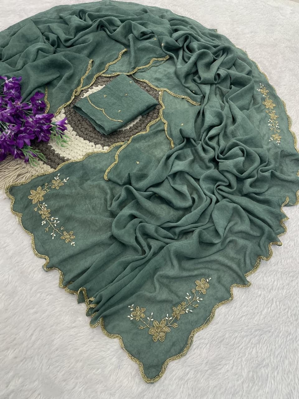 OCEAN BLUE RANGOLI CRUSHED SAREE WITH CUTDANA WORK