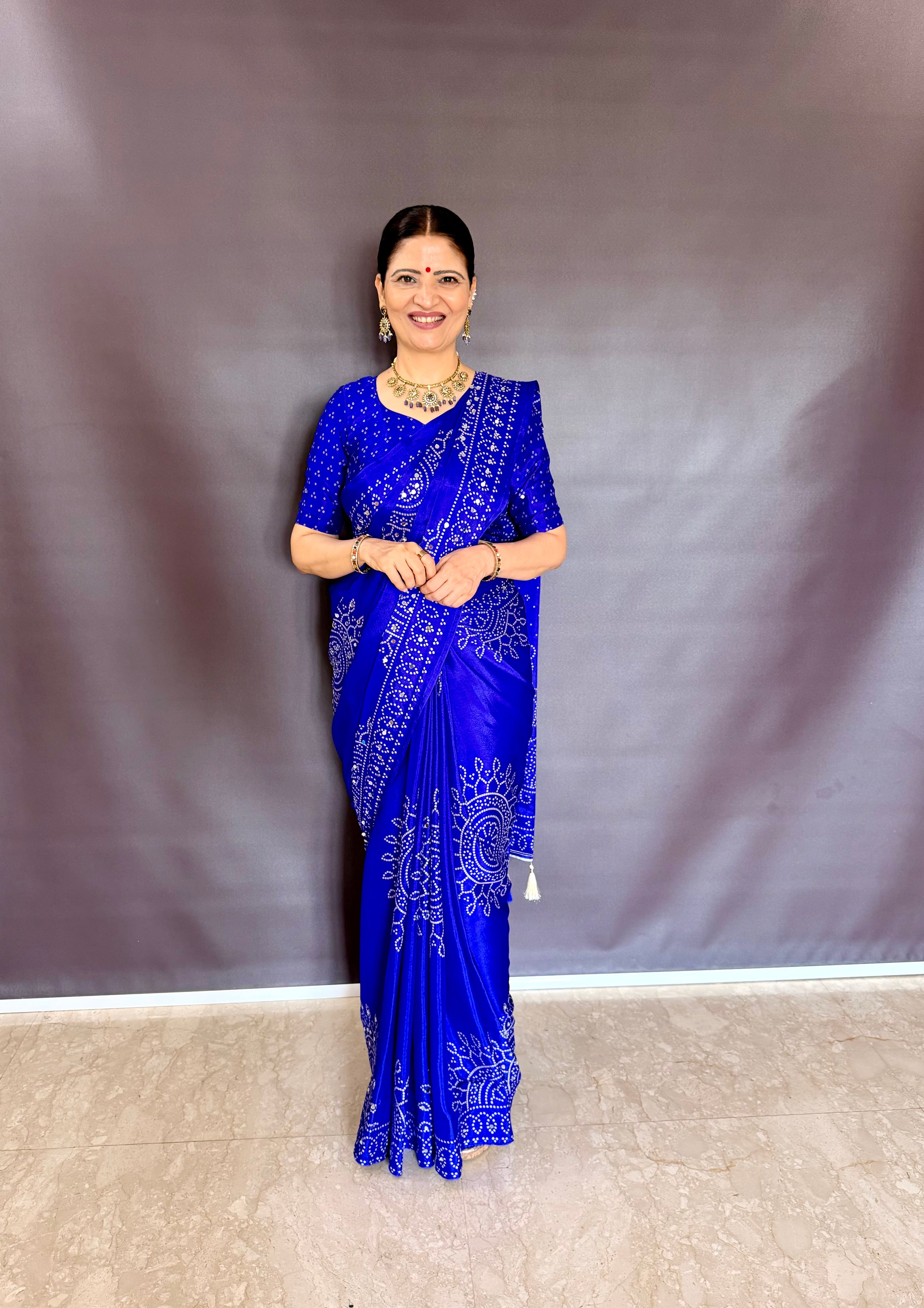 BLUE AJRAKH BANDHANI PRINT WITH MIRROR WORK SAREE