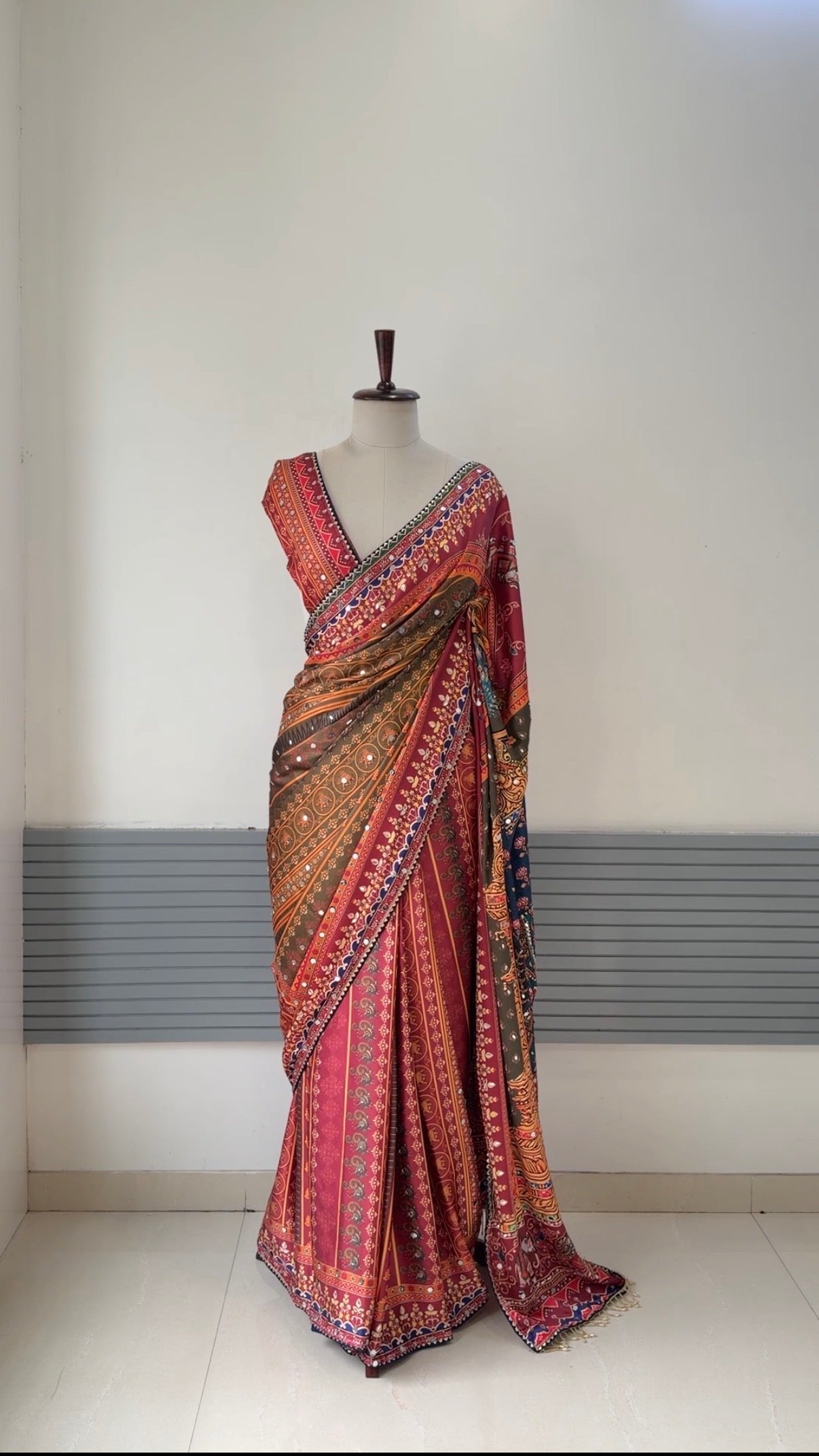 JAPAN SATIN PRINT SAREE WITH REAL MIRROR WORK ALL OVER THE SAREE