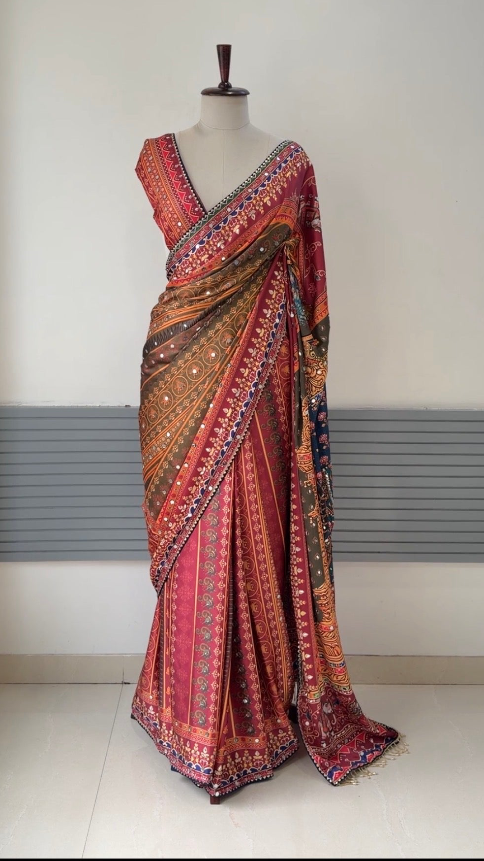 JAPAN SATIN PRINT SAREE WITH REAL MIRROR WORK ALL OVER THE SAREE