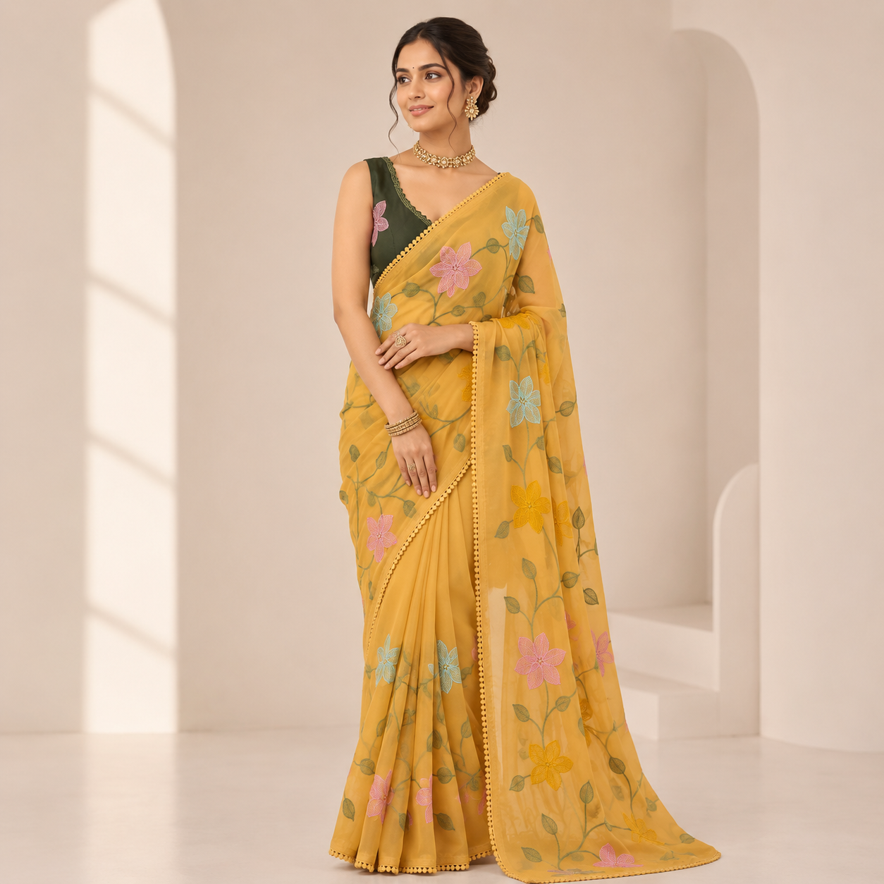 YELLOW STAR GORGETTE SAREE WITH EMBROIDERY WORK