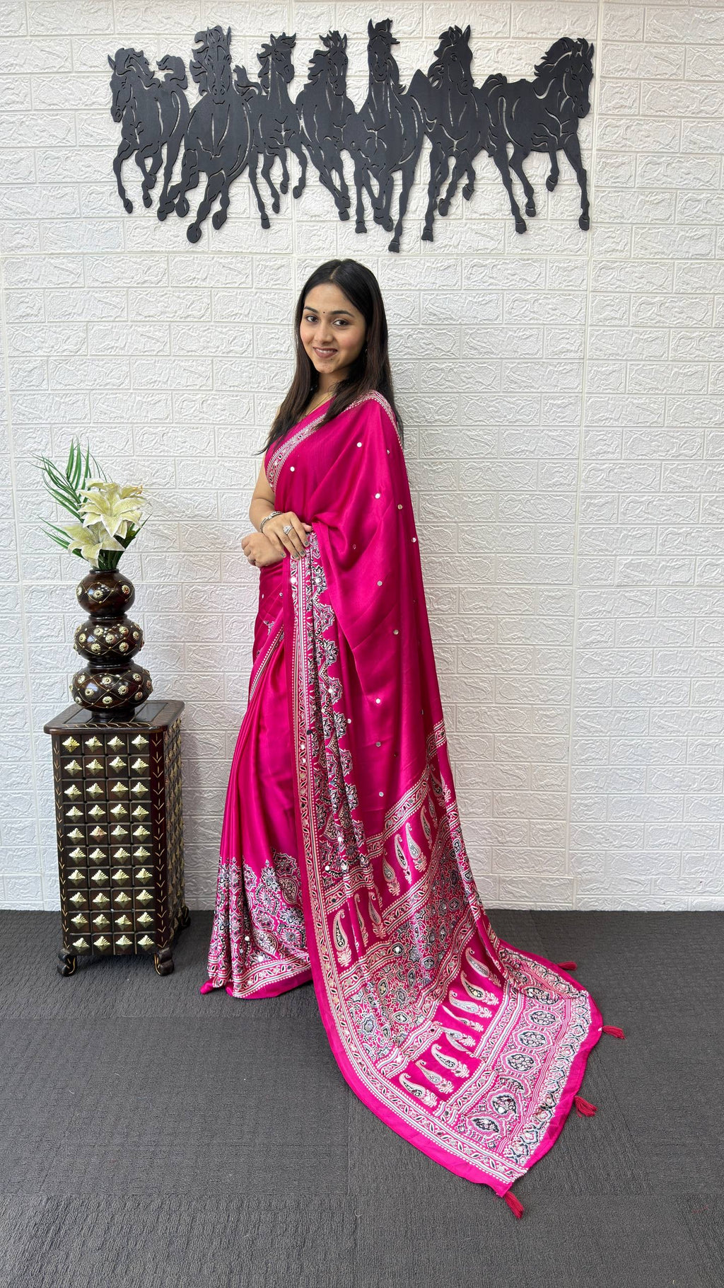 PINK AJRAKH GAJI SILK SAREE WITH MIRROR WORK