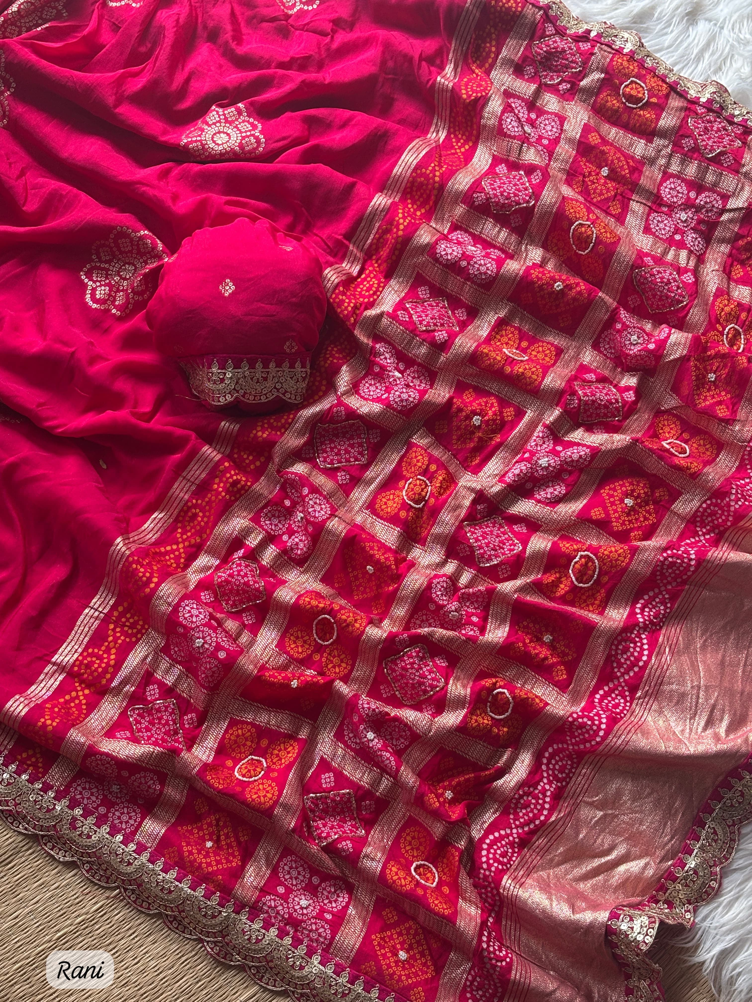 PINK SOFT VISCOSE GEORGETTE SAREE WITH PATOLA PALLU WITH CUTDANA HANDWORK AND EMBROIDERY LACE BORDER