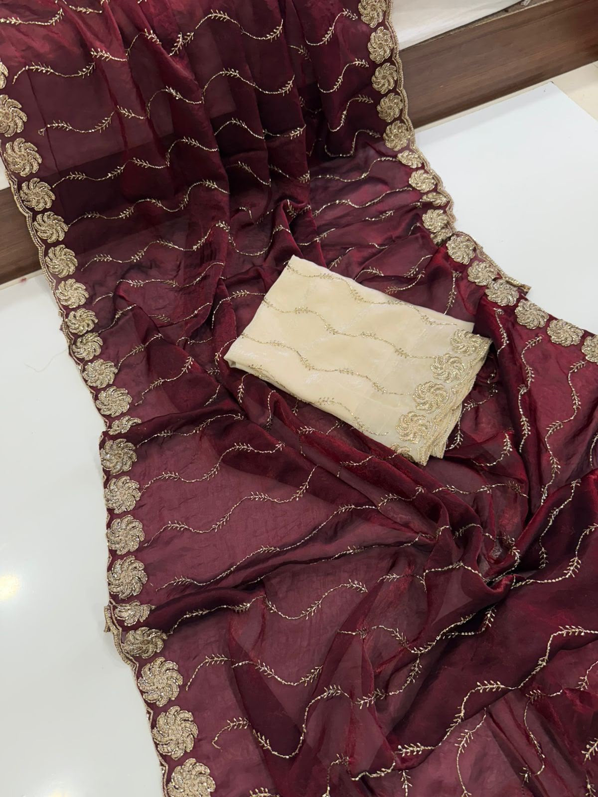 MARRON SPACE SILK SAREE WITH SEQUENCE WORK