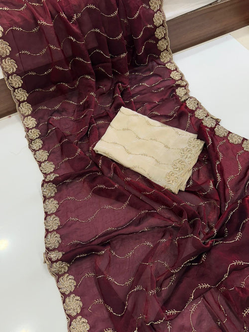 MARRON SPACE SILK SAREE WITH SEQUENCE WORK