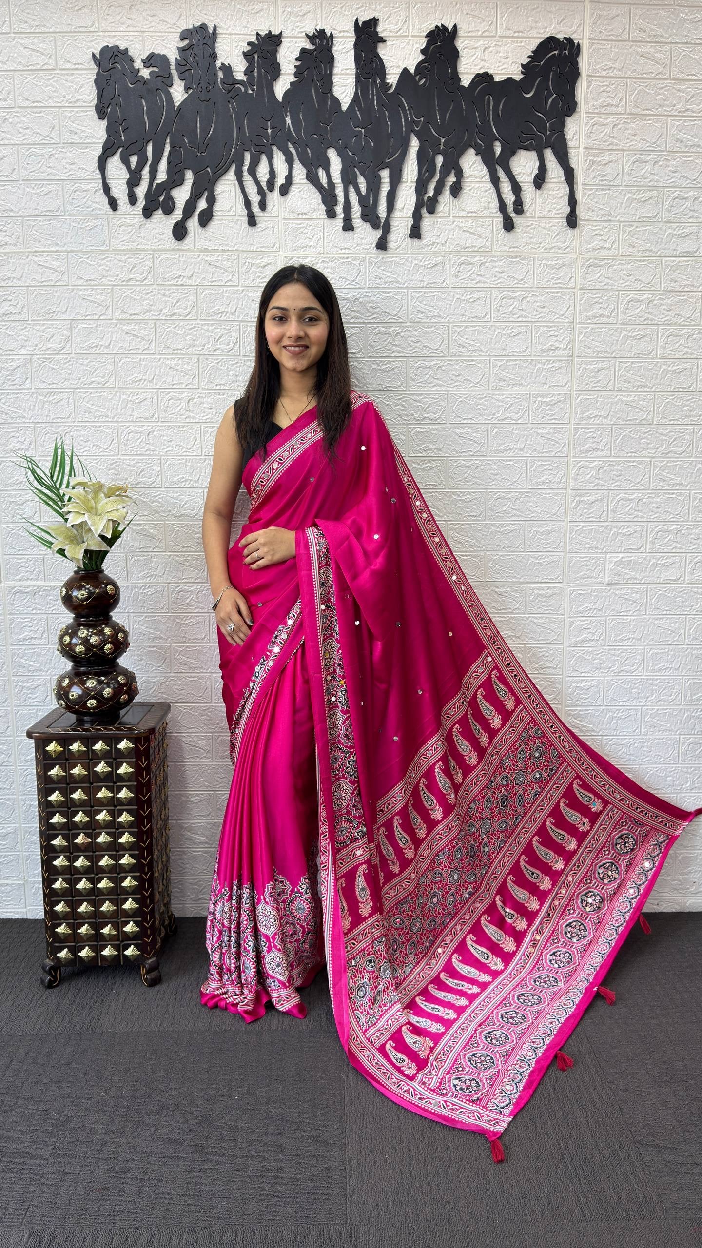 PINK AJRAKH GAJI SILK SAREE WITH MIRROR WORK