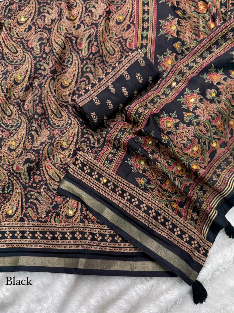 BLACK PURE MUL COTTON ARJRAKH PRINTED SAREE WITH ZARI JACQUARD BORDER