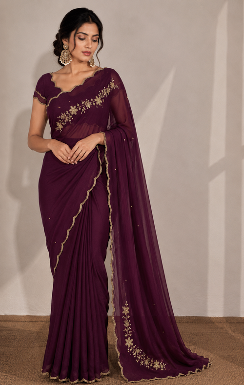 WINE RANGOLI CRUSHED SAREE WITH CUTDANA WORK
