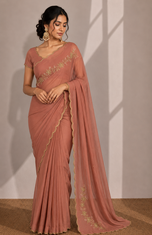 PASTEL PEACH RANGOLI CRUSHED SAREE WITH CUTDANA WORK
