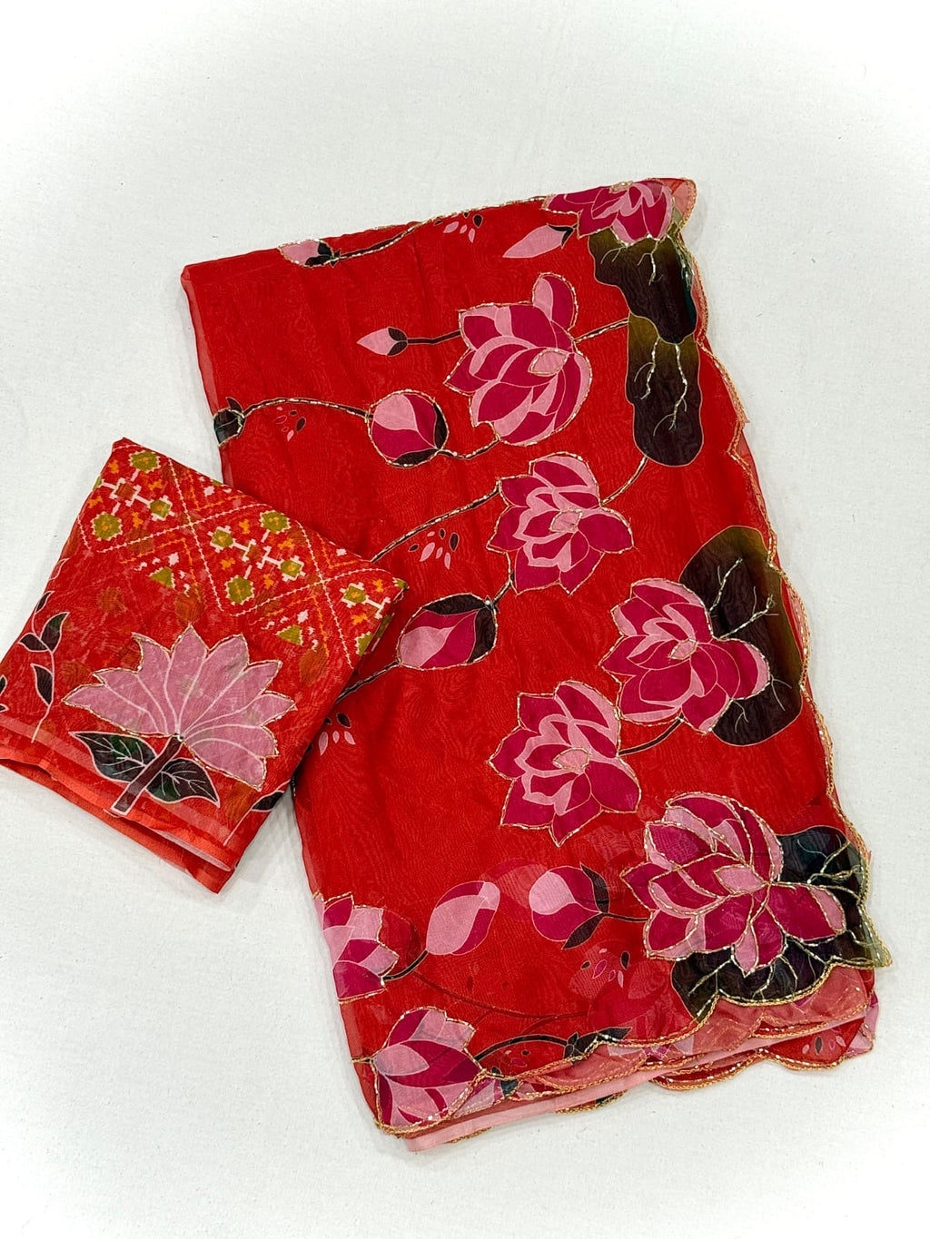 RED TEBBY SILK SAREE WITH DIGITAL FLORAL PRINT AND KUTDANA HANDWORK