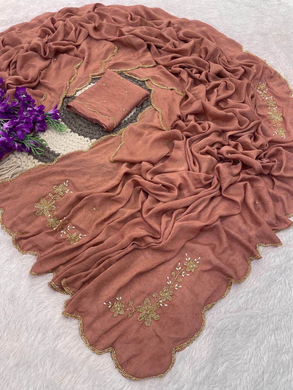 PASTEL PEACH RANGOLI CRUSHED SAREE WITH CUTDANA WORK