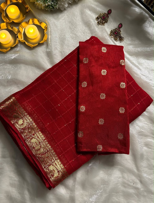 RED VISCOSE GORGETTE SEQUENCE SAREE