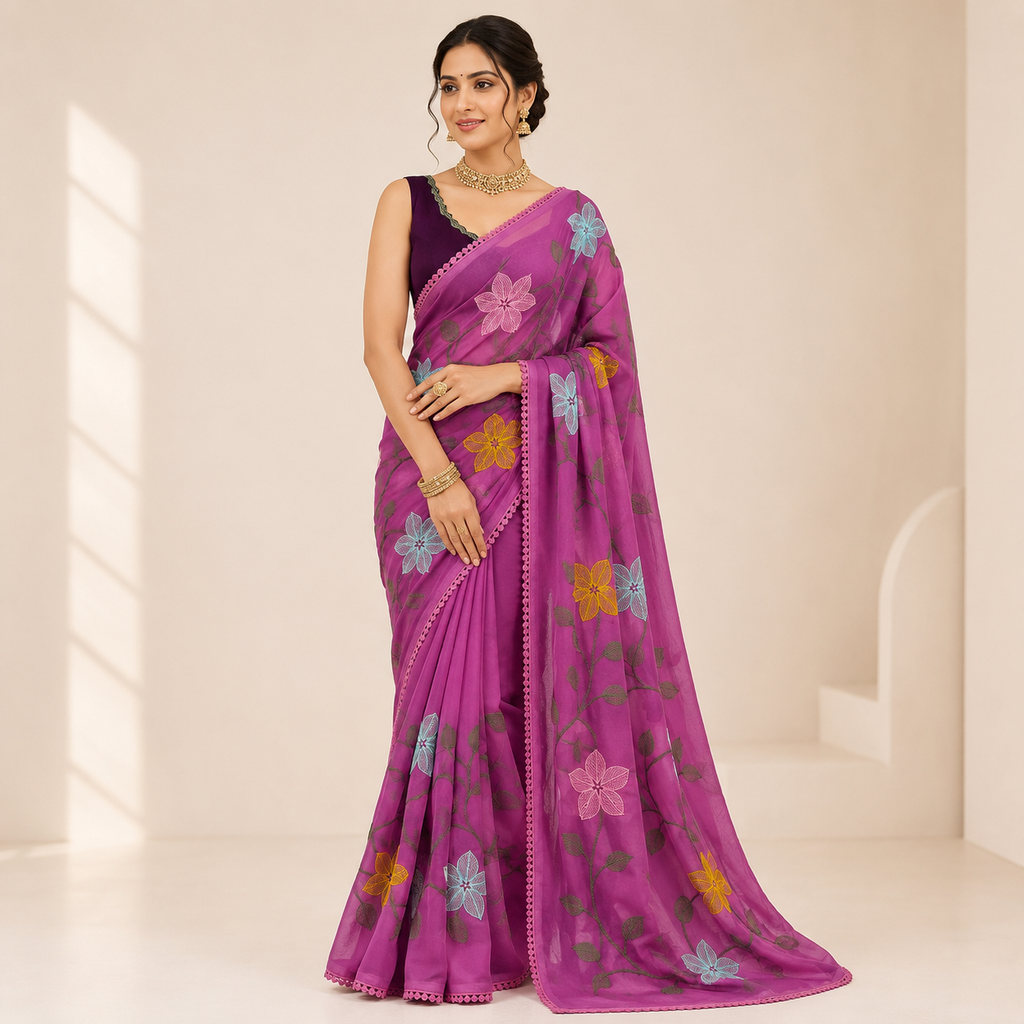PINK STAR GORGETTE SAREE WITH EMBROIDERY WORK