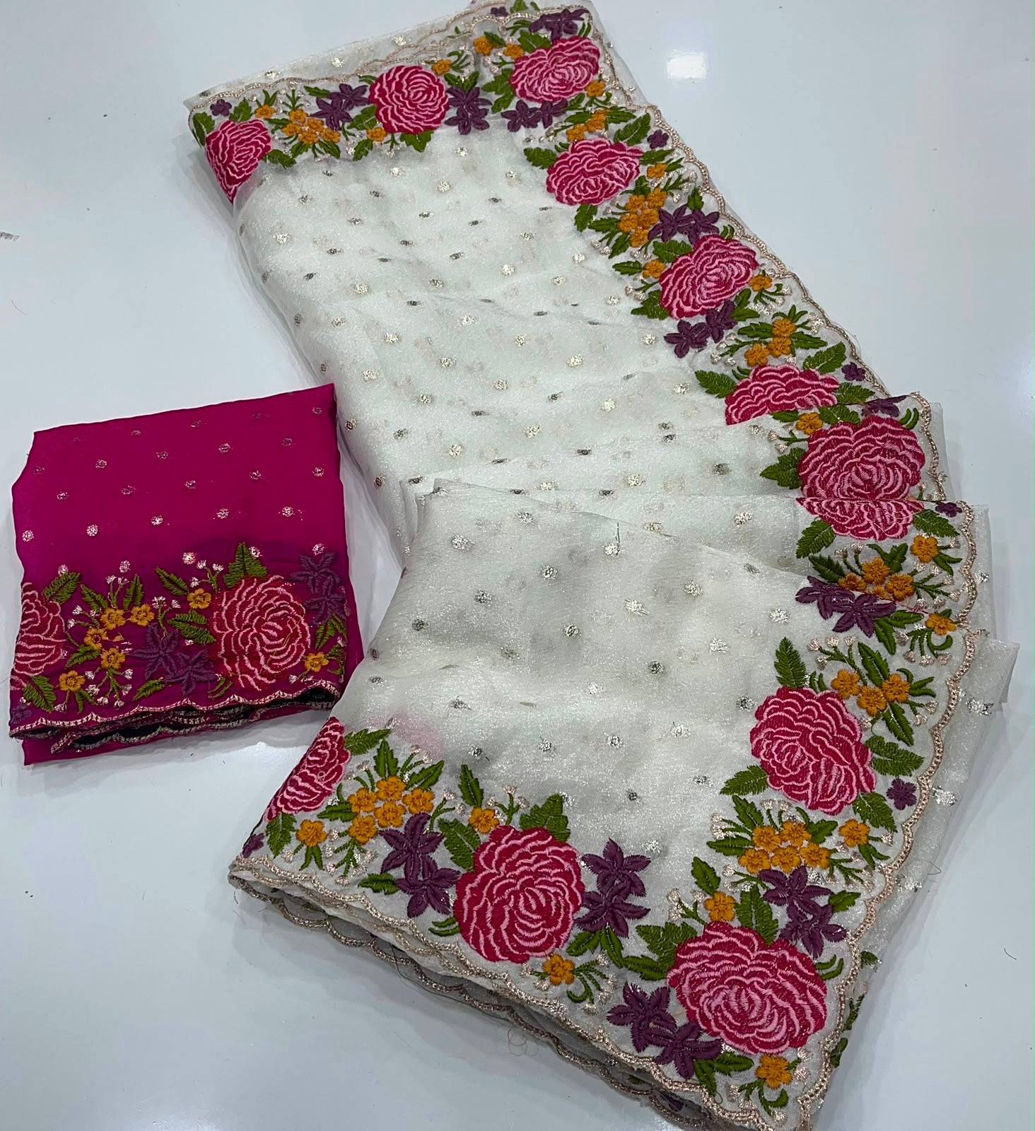 OFF-WHITE NC MOSS SILK SAREE WITH EMBROIDERY WORK