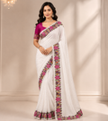 OFF-WHITE NC MOSS SILK SAREE WITH EMBROIDERY WORK
