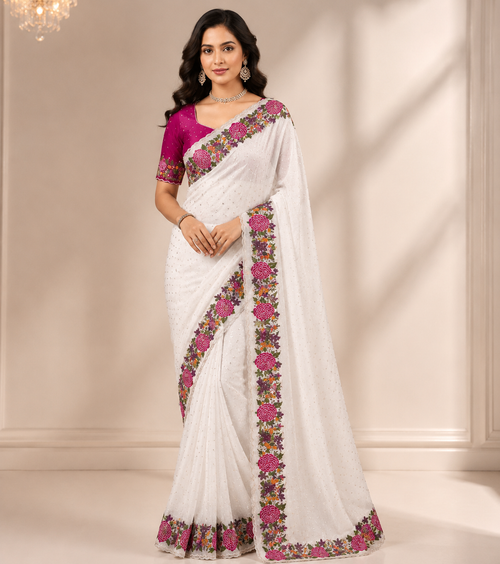 OFF-WHITE NC MOSS SILK SAREE WITH EMBROIDERY WORK
