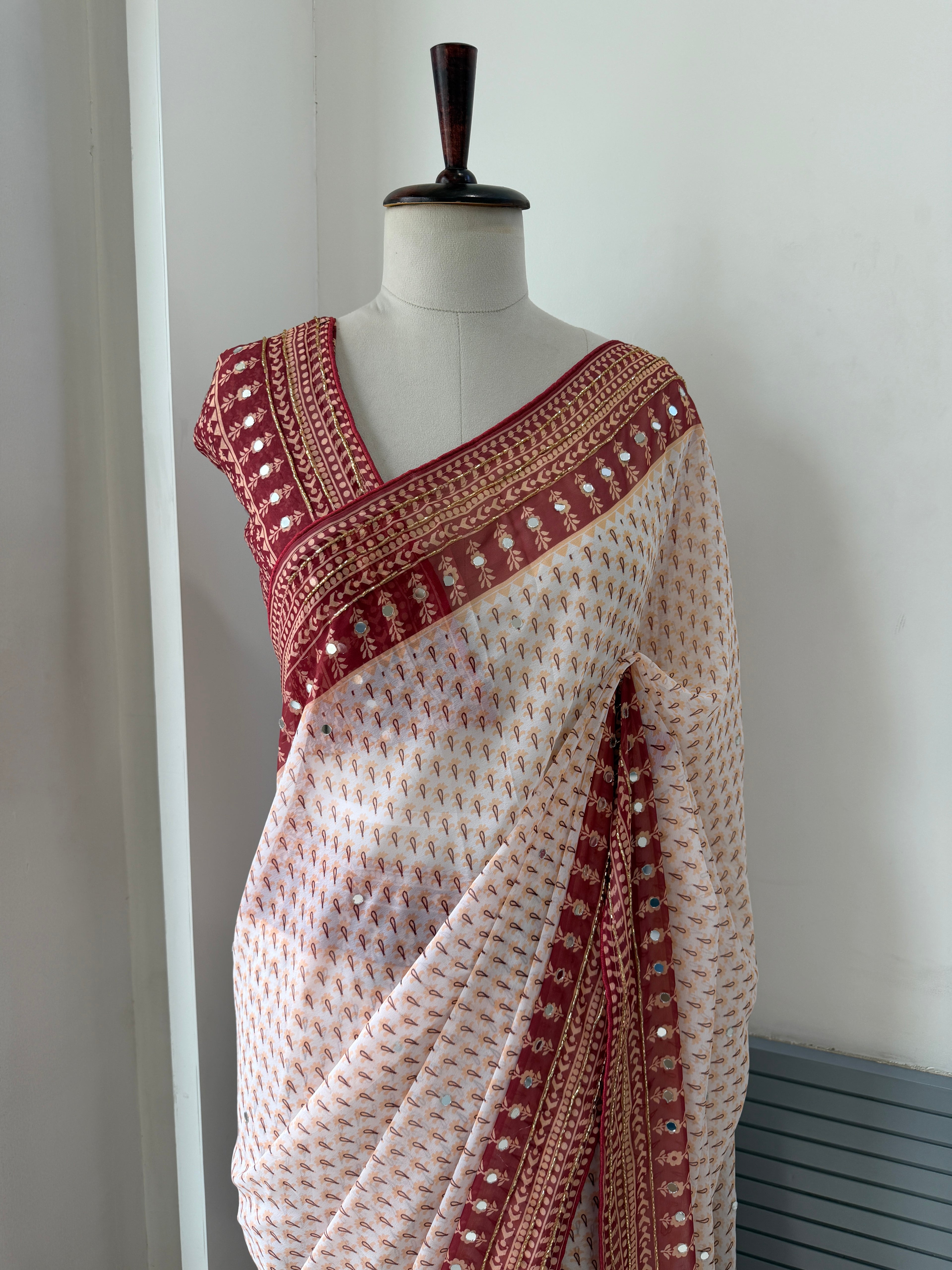 SOFT FOX GORGETTE DIGITAL PRINT SAREE WITH CUTDANA AND REAL MIRROR WORK