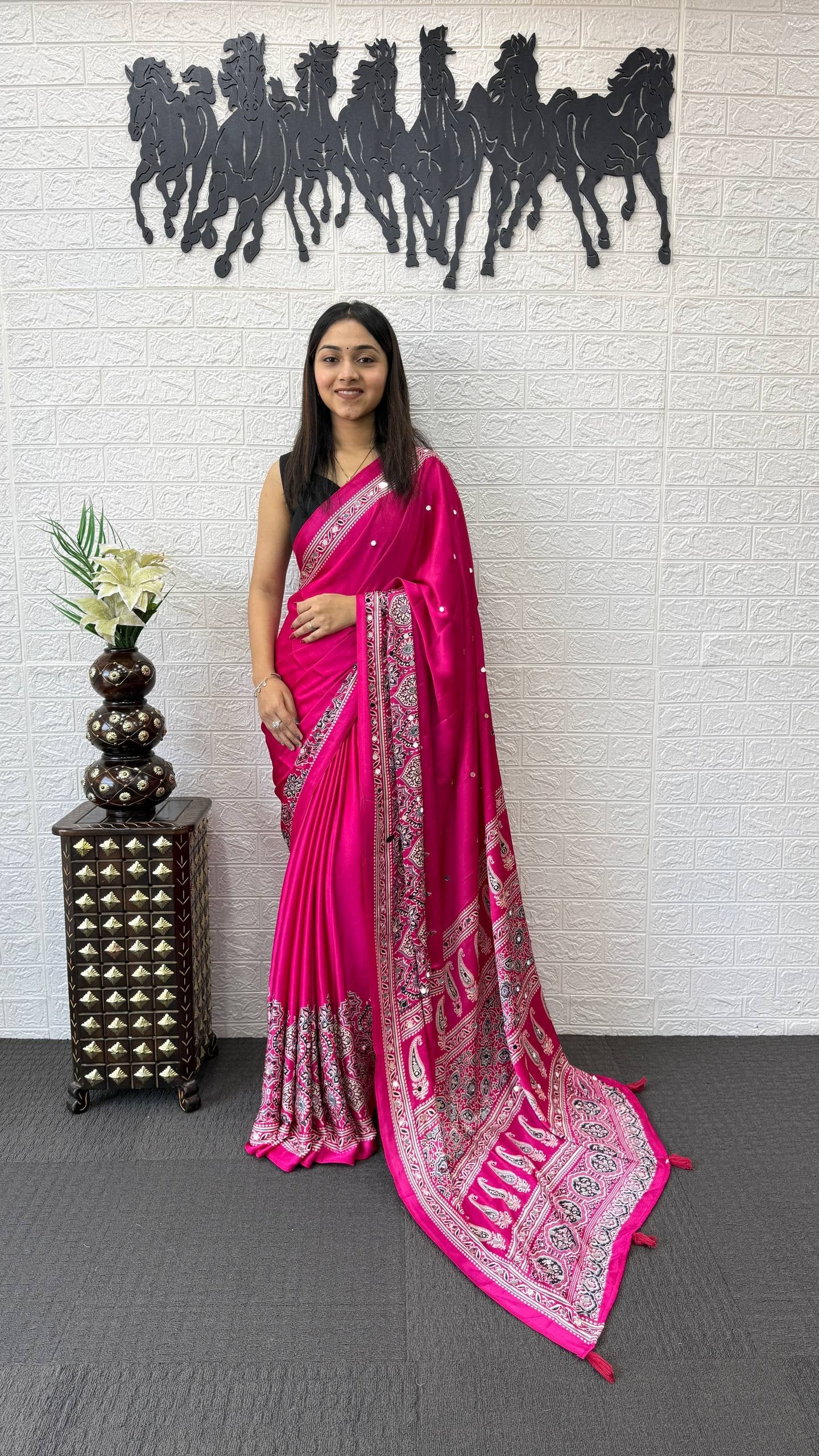 PINK AJRAKH GAJI SILK SAREE WITH MIRROR WORK