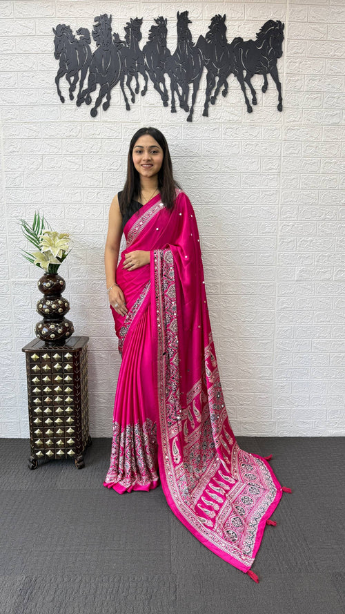 PINK AJRAKH GAJI SILK SAREE WITH MIRROR WORK