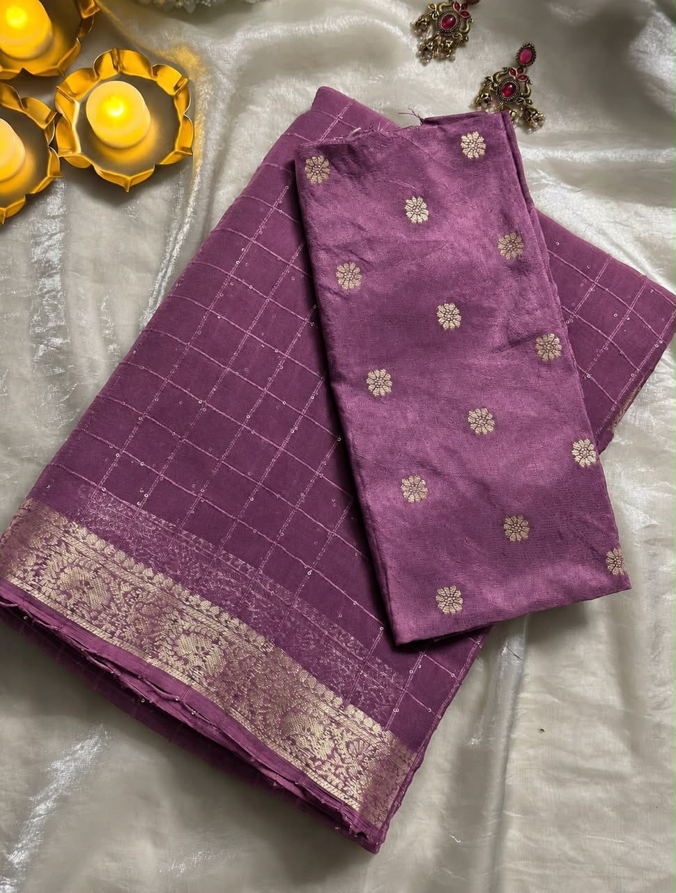LAVENDER VISCOSE GORGETTE SEQUENCE SAREE