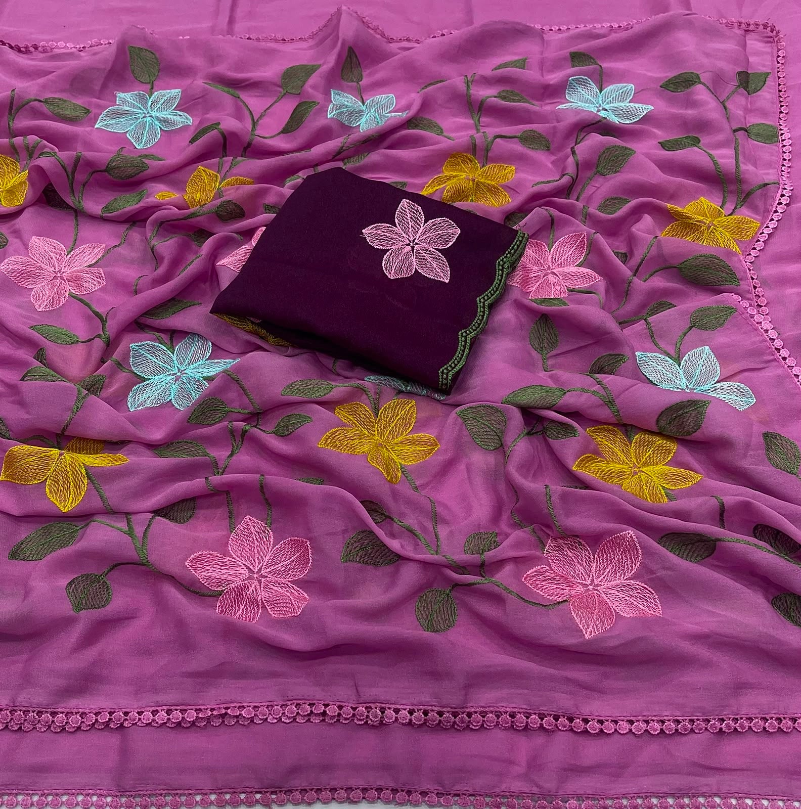 PINK STAR GORGETTE SAREE WITH EMBROIDERY WORK