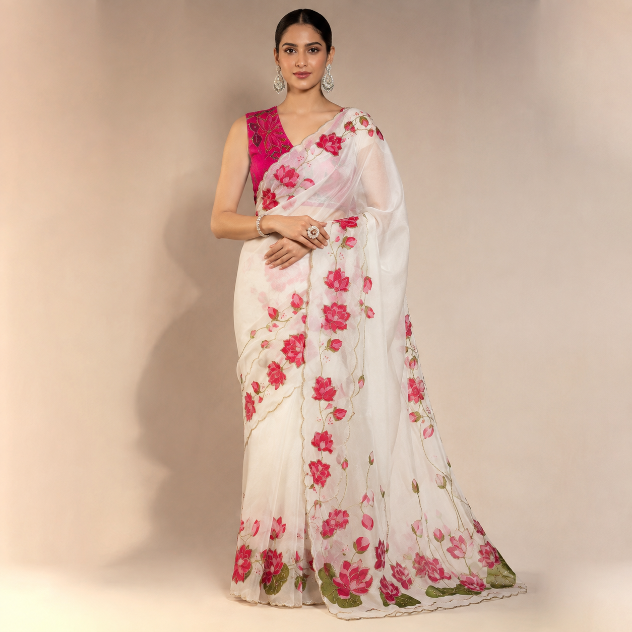 WHITE TEBBY SILK SAREE WITH DIGITAL FLORAL PRINT AND KUTDANA HANDWORK