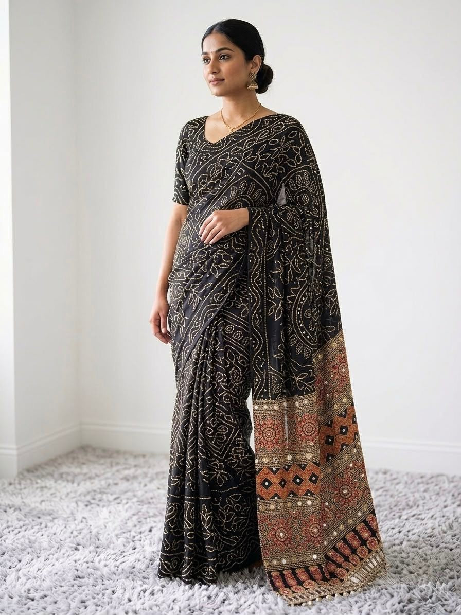 BLACK AJRAKH SILK SAREE WITH  MIRROR WORK ALL OVER SAREE WITH DESGINER MIRROR LACE AT PALLU