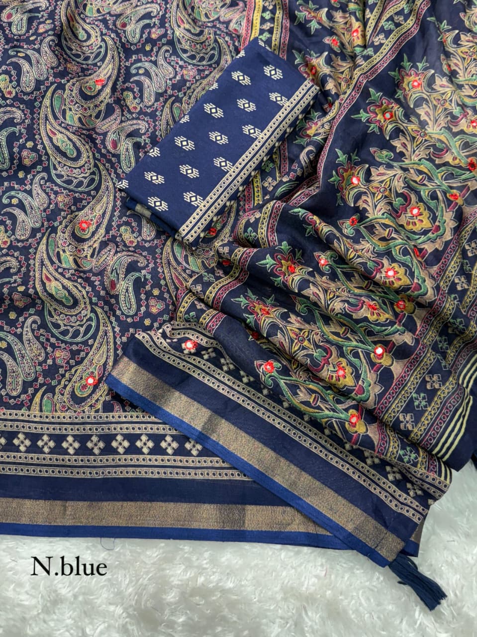 NAVY BLUE PURE MUL COTTON ARJRAKH PRINTED SAREE WITH ZARI JACQUARD BORDER