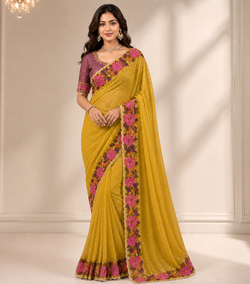 YELLOW NC MOSS SILK SAREE WITH EMBROIDERY WOEK