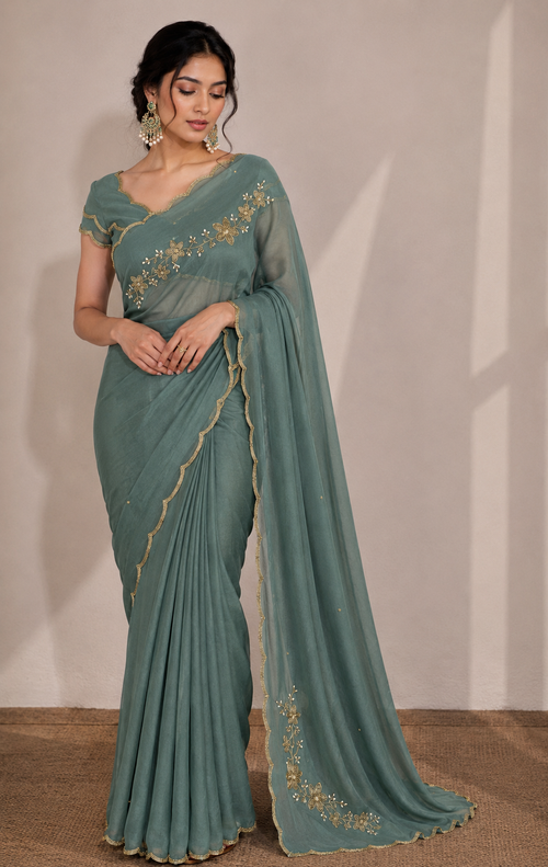 OCEAN BLUE RANGOLI CRUSHED SAREE WITH CUTDANA WORK