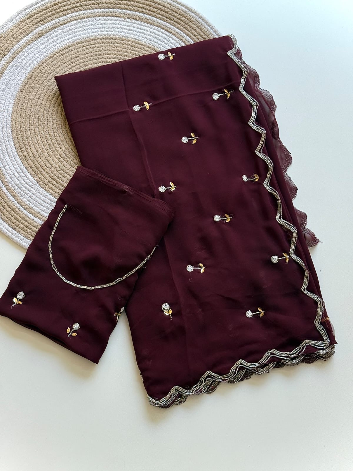 WINE GEORGETTE SAREE WITH CUTDANA AND BUTTI WORK