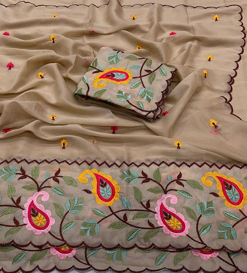 BEIGE STAR GORGETTE SAREE WITH FLORAL EMBROIDERY WORK