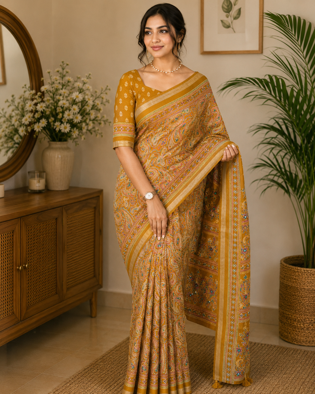 YELLOW PURE MUL COTTON ARJRAKH PRINTED SAREE WITH ZARI JACQUARD BORDER