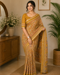 YELLOW PURE MUL COTTON ARJRAKH PRINTED SAREE WITH ZARI JACQUARD BORDER
