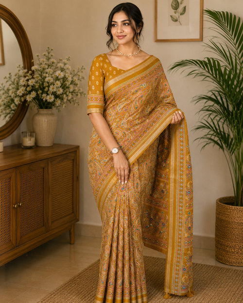 YELLOW PURE MUL COTTON ARJRAKH PRINTED SAREE WITH ZARI JACQUARD BORDER
