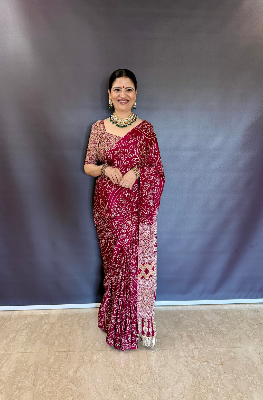 MARRON AJRAKH SILK SAREE WITH  MIRROR WORK ALL OVER SAREE WITH DESGINER MIRROR LACE AT PALLU