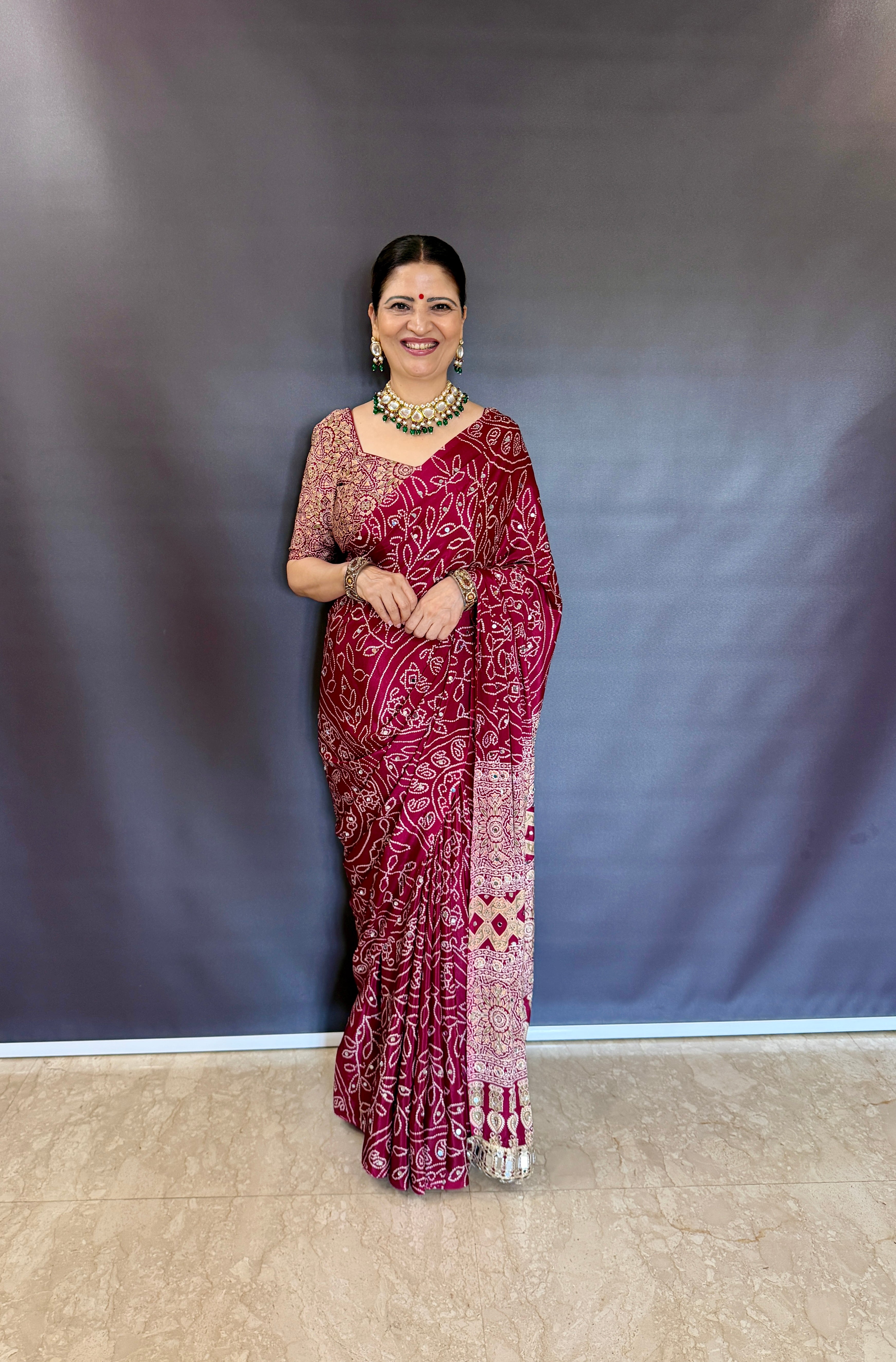 MARRON AJRAKH SILK SAREE WITH  MIRROR WORK ALL OVER SAREE WITH DESGINER MIRROR LACE AT PALLU