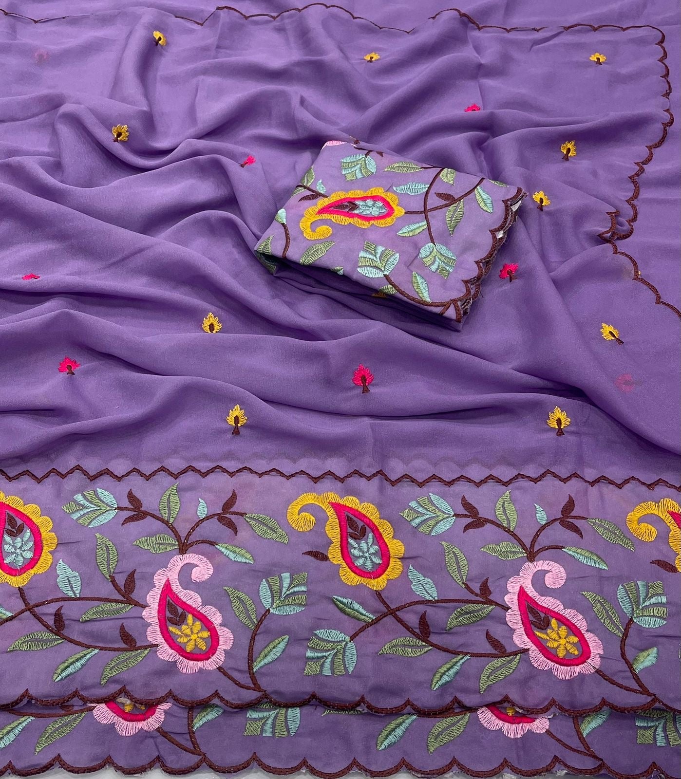 LAVENDER STAR GORGETTE SAREE WITH FLORAL EMBROIDERY WORK