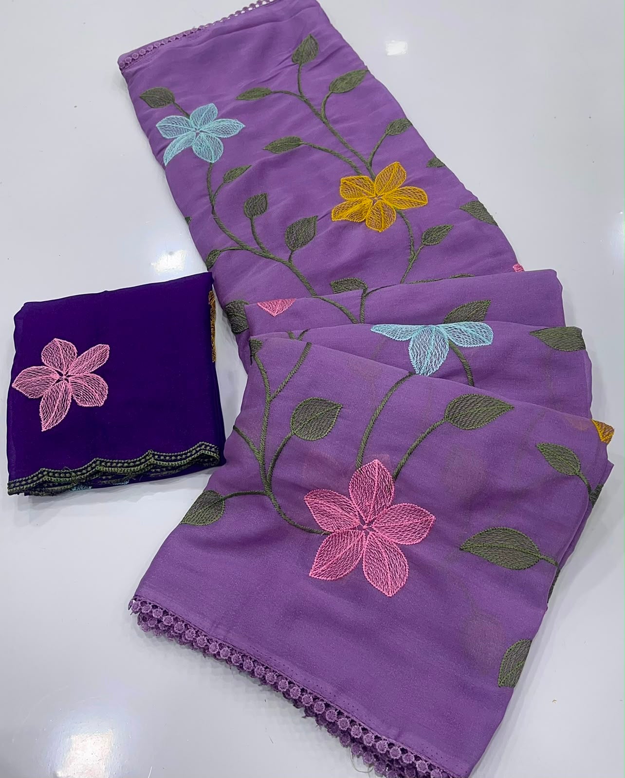 LAVENDER STAR GORGETTE SAREE WITH EMBROIDERY WORK